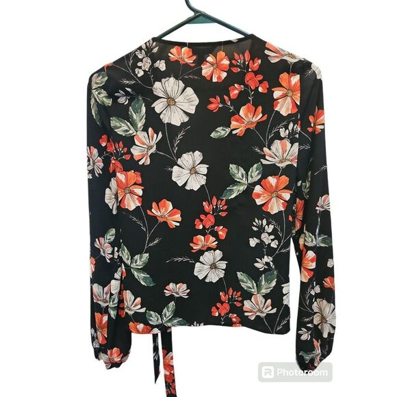 Express Floral Wrap Top Long Sleeves V-Neck Black Sz S - Picture 3 of 7